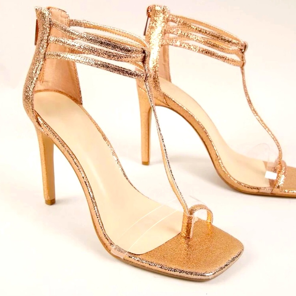 Shein Gold Metallic Toe Ring T strap stilettos 7 1/2